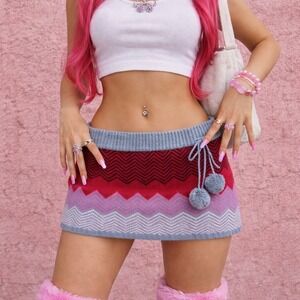 Y2K Women's Red Pink Knit Micro Skirt Size M Boho Apres Ski Indie Pom Pom